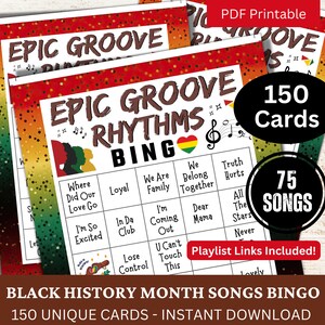 Mês da História Negra Músicas Bingo 150 Cartões, Trabalho Quebra-gelo Música Bingo com Lista de Reprodução, Atividade de Reunião de Férias no Escritório, Jogo de Festa para Adultos