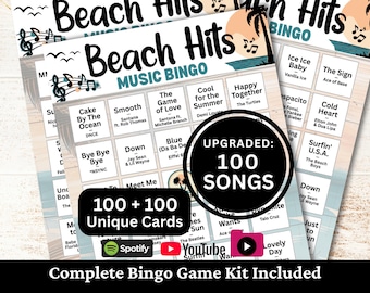Beach Hits Music Bingo, 100 Cards, 100 Songs Playlists Included, Vacation Party, Printable PDF Game, Instant Download