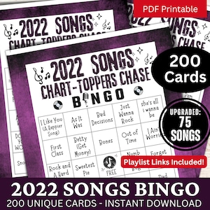 2022 Songs Bingo 200 Card, Przyjacielski urodzinowy motyw muzyczny, spotkanie, Muzyczne bingo z listą odtwarzania dla dorosłych, Noc imprezy rodzinnej