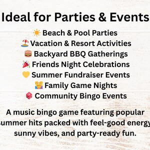Puede incluir: Fondo blanco con texto negro: "Ideal para fiestas y eventos". Debajo hay ideas de eventos: fiestas en la playa y la piscina, actividades de vacaciones y resorts, reuniones de barbacoa en el patio trasero, celebraciones de noches de amigos, eventos de recaudaci&oacute;n de fondos de verano, noches de juegos familiares y eventos de bingo comunitarios.