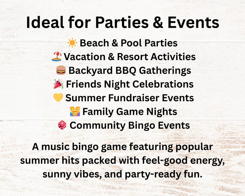 Puede incluir: Fondo blanco con texto negro: "Ideal para fiestas y eventos". Debajo hay ideas de eventos: fiestas en la playa y la piscina, actividades de vacaciones y resorts, reuniones de barbacoa en el patio trasero, celebraciones de noches de amigos, eventos de recaudaci&oacute;n de fondos de verano, noches de juegos familiares y eventos de bingo comunitarios.