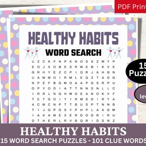 15 Healthy Habits Word Search Puzzle Game, Good Practice Activity, Self-Care Printable, Love Yourself Game PDF, Mental Health Party Theme