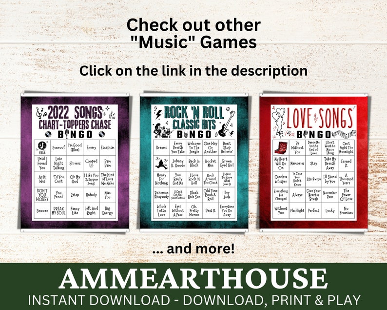 May include: Three printable bingo cards with a music theme. The cards are purple, teal, and red. The first card is titled "2022 Songs Chart-Toppers Chase Bingo" and features song titles like "As It Was", "Sunroof", and "Break My Soul". The second card is titled "Rock 'n' Roll Classic Hits Bingo" and features song titles like "Dreams", "Welcome to the Jungle", and "Don't Stop Believin'". The third card is titled "Love Songs Bingo" and features song titles like "My Heart Will Go On", "Careless Whisper", and "I Stand By You".