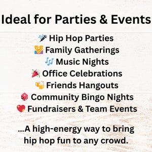 50 cartes de jeu de bingo avec chansons hip-hop, activité de fête de musique rap, soirée familiale, jeu à imprimer, jeu PDF brise-glace anniversaire, bingo club image 6