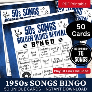 1950er Jahre Lieder Bingo 50 Karten, 50er Jahre Musik Bingo mit Playlist für Senioren, Familientreffen Partyspiel, Throwback Geburtstagsthema Sammeln Aktivität