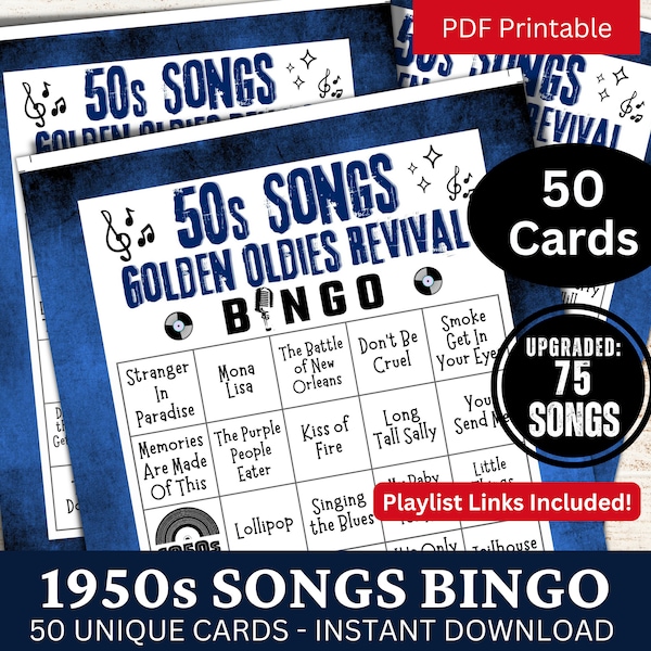 50 cartes de bingo avec chansons des années 50, bingo à musique des années 50 avec liste de lecture pour senior, jeu de fête pour réunion de famille, activité de rassemblement sur le thème d'un anniversaire