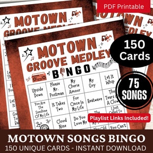 R&B Soul Pop Songs Bingo 150 Card, Jogo de Reunião de Idosos PDF para Impressão, Bingo de Música Clássica com Lista de Reprodução, Atividade Divertida para Festa de Fim de Ano em Família