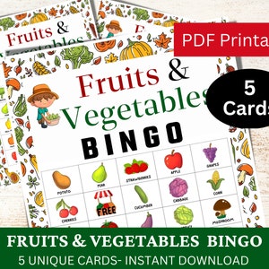 5 Fruits and Vegetables Bingo Game Card, Food Theme Party Activity, PDF Game Printable for Healthy Eating, Veggies Gardening Lovers