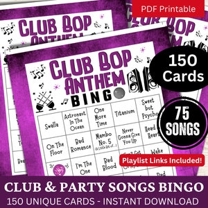 Club & Party Songs Bingo 150 cartões, atividade divertida com tema de férias para a família, jogos de reunião social para arrecadação de fundos, bingo de música de dança com lista de reprodução