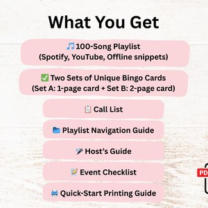Pu&ograve; includere: Una grafica digitale con il titolo "Cosa ottieni" e un elenco di elementi, tra cui una playlist di 100 canzoni, due set di cartelle bingo, un elenco di chiamate, una guida alla navigazione della playlist, una guida per l'host, una checklist degli eventi e una guida alla stampa rapida.