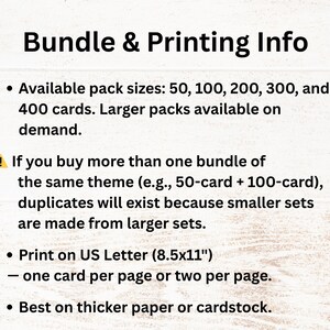 May include: Text on a white background reads "Bundle & Printing Info." Details include available pack sizes of 50, 100, 200, 300, and 400 cards. It also mentions printing on US Letter paper and using thicker paper or cardstock.