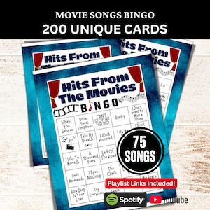 Carte de bingo 200, bande originale de film, chansons, réunion d&#39;amis, activité de fête imprimable pour adultes, jeu de réunion pour la journée en famille, bingo musical avec liste de lecture