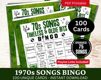 Bingo de canciones antiguas de los años 70, 100 cartas, bingo de fiesta de cumpleaños para personas mayores, actividad de fiesta musical de los años 70 con lista de reproducción, juego imprimible de reunión nocturna familiar