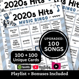 2020年代ヒットミュージックビンゴ、カード100枚、100曲のプレイリスト付き、印刷可能なPDFゲーム、すぐにダウンロード可能