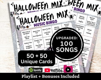 Halloween Music Bingo, 50 Cards, 100 Songs Playlists Included, Printable PDF Game, Instant Download
