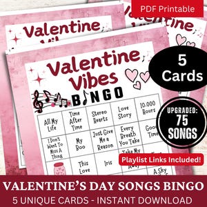 Bingo di canzoni di San Valentino 5 carte, gioco di musica romantica con playlist, attività di quiz musicali sull'amore, festa di raccolta di melodie a tema cuore