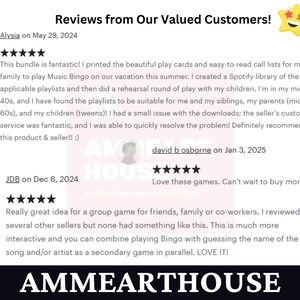 May include: Reviews from customers about a Music Bingo game. The game includes play cards and call lists. The reviews are positive and mention the game is fun for families and friends.