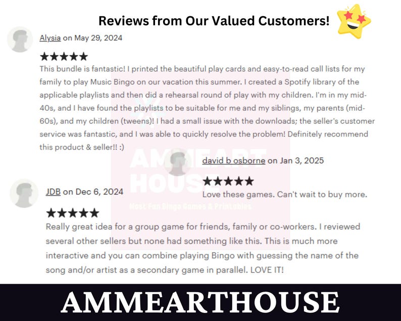 May include: Reviews from customers about a Music Bingo game. The game includes play cards and call lists. The reviews are positive and mention the game is fun for families and friends.