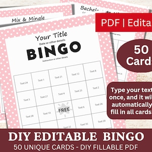 50 modello PDF modificabile rosso pastello Bingo, carte da gioco Bingo compilabili fai da te, riempimento automatico personalizzato, creazione personalizzata del tuo generatore