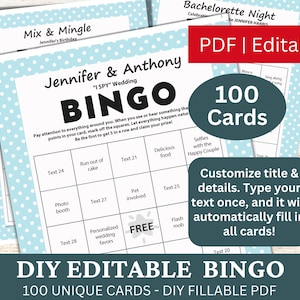 100 modelo editável de Bingo Pastel Sky Blue PDF, cartão de jogo de bingo preenchível DIY, preenchimento automático personalizado, personalizado, faça seu próprio bingo