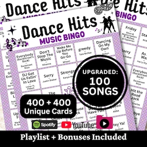 May include: A stack of Dance Hits Music Bingo cards with a purple and white design. The cards feature song titles and artist names. The text includes "Upgraded: 100 Songs" and "400 + 400 Unique Cards".