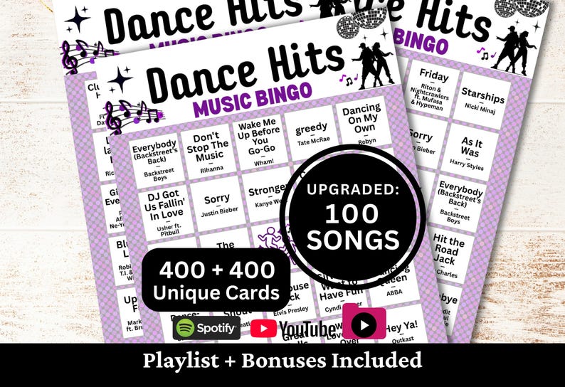 May include: A stack of Dance Hits Music Bingo cards with a purple and white design. The cards feature song titles and artist names. The text includes "Upgraded: 100 Songs" and "400 + 400 Unique Cards".