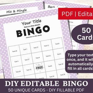 50 bearbeitbare Bingo Pastell Lila Vorlage PDF, DIY ausfüllbare Bingospielkarten, Benutzerdefiniert automatisch füllen, personalisiert Machen Sie Ihr eigenes Bingo