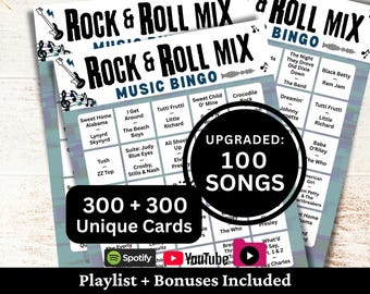 Rock and Roll Music Bingo, 300 Cards, Classic 100 Songs Playlists Included, Printable PDF Game, Instant Download