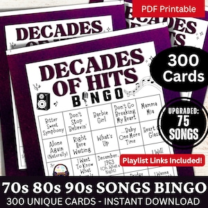 Bingo di canzoni anni '70, '80 e '90, 300 carte, Bingo musicale con playlist 75 canzoni, gioco stampabile per la serata retrò in famiglia, attività per feste di compleanno
