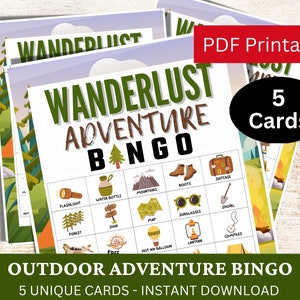 5 cartes de jeu de bingo d’aventure en plein air, activité thématique de camping, jeu de randonnée d’été imprimable, voyage scolaire, jeu de bingo de voyage pour les enfants