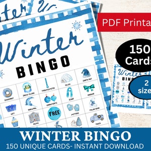 150 carte da gioco acquerello Bingo invernale per adulti e bambini, pacchetto di attività per feste natalizie, pacchetto famiglia natalizio blu stampabile, stagione natalizia