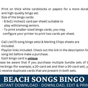 May include: A printable bingo card set featuring a beach theme. The text "Beach Songs Bingo" is displayed in large, bold letters. The text "Instant Download - Download, Edit & Print" is displayed below the title. The description mentions that the cards are 8.5x11 inches and can be printed two per sheet.