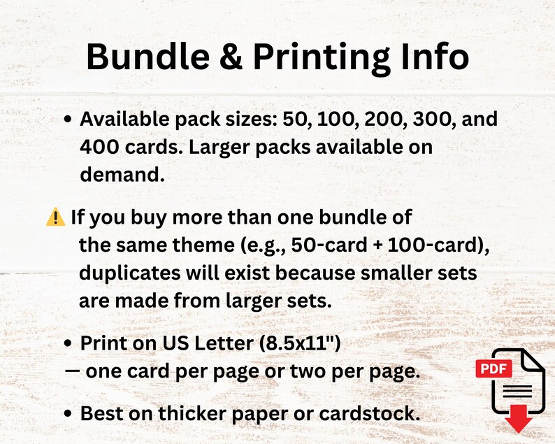May include: Text on a white background reads "Bundle & Printing Info" with bullet points detailing available pack sizes, printing instructions on US Letter paper, and paper recommendations. A PDF icon is in the bottom right.