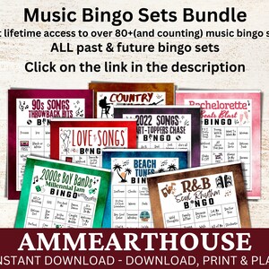Puede incluir: Una colecci&oacute;n de tarjetas de bingo musical imprimibles con varios temas, que incluyen canciones de los 90, canciones de amor, country, melod&iacute;as de playa, R&B y un tema de despedida de soltera. Las tarjetas est&aacute;n dise&ntilde;adas con una est&eacute;tica vintage y presentan notas musicales y otros elementos decorativos. El texto "AMMEARTHOUSE" se muestra en la parte inferior de la imagen, junto con la frase "INSTANT DOWNLOAD - DOWNLOAD, PRINT & PLAY".