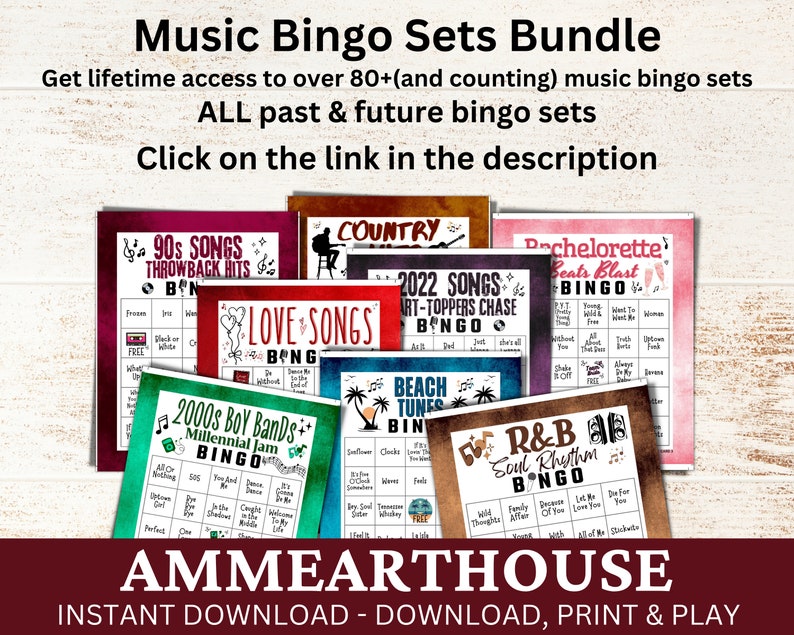 Puede incluir: Una colecci&oacute;n de tarjetas de bingo musical imprimibles con varios temas, que incluyen canciones de los 90, canciones de amor, country, melod&iacute;as de playa, R&B y un tema de despedida de soltera. Las tarjetas est&aacute;n dise&ntilde;adas con una est&eacute;tica vintage y presentan notas musicales y otros elementos decorativos. El texto "AMMEARTHOUSE" se muestra en la parte inferior de la imagen, junto con la frase "INSTANT DOWNLOAD - DOWNLOAD, PRINT & PLAY".