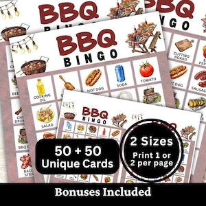May include: A set of BBQ Bingo game cards featuring watercolor illustrations of barbecue-themed items like hot dogs, soda, and tomatoes. The cards include the text BBQ BINGO, 50 + 50 Unique Cards, 2 Sizes, Print 1 or 2 per page, and Bonuses Included.