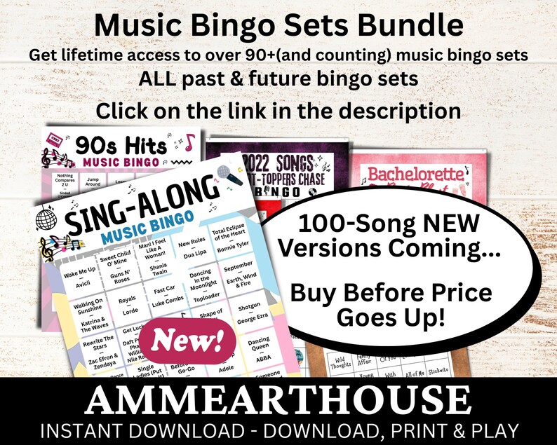 May include: A bundle of music bingo sets with various themes, including 90s Hits and Sing-Along. The image features multiple bingo cards with song titles and the text "100-Song NEW Versions Coming..." and "Buy Before Price Goes Up!"