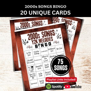 20 cartes de bingo avec chansons des années 2000, soirée de réunion de famille de l&#39;an 2000, bingo avec musique d&#39;époque avec liste de lecture, activité de rassemblement sur le thème de l&#39;anniversaire d&#39;un ami