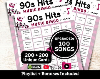 Bingo musicale degli anni '90, 200 cartelle, playlist di 100 brani incluse, gioco PDF stampabile, download immediato