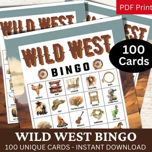 100 Wild West Watercolor Bingo Game, Cowboy Family Party, Letnia aktywność gości, Western Country Desert Theme Icebreaker Wydrukuj PDF