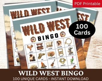 100 juegos de bingo de acuarela del Salvaje Oeste, fiesta familiar de vaqueros, actividad de invitados de verano, rompehielos con tema del desierto del país occidental imprimible PDF