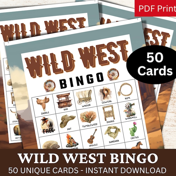 50 Wild West Watercolor Bingo Game, Cowboy Family Party, Summer Picnic Guest Activity, Western Country Desert Theme Icebreaker Printable PDF