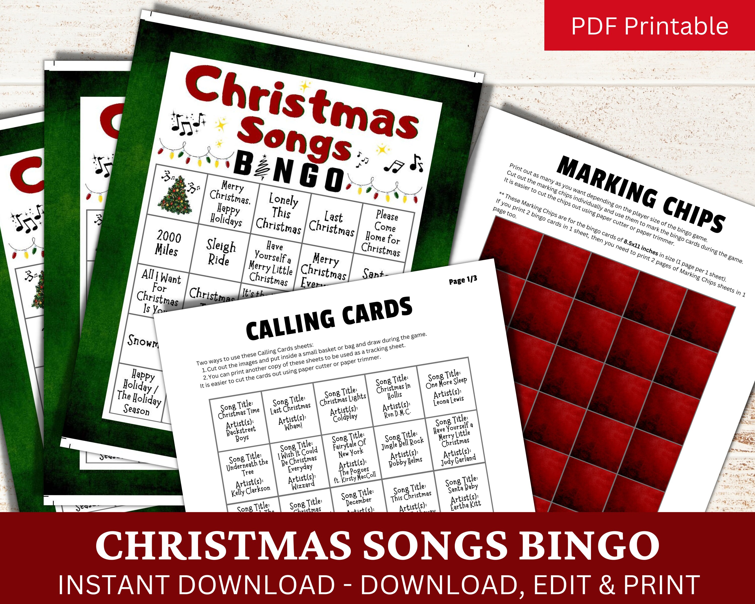 Christmas Songs Bingo 100 Cards, Winter Work Gathering Game Printable