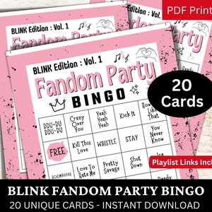 BLINK Fandom Party Bingo 20 kart, gra strumieniowa z piosenkami Kpop, rocznica koreańskiej grupy, motyw aktywności koncertu fanów Icebreaker do wydrukowania w formacie PDF
