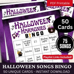 50 cartes de bingo avec chansons d'Halloween, fête de bingo pour vacances-travail, bingo en musique d'octobre avec liste de lecture, réunion de famille, jeu imprimable pour adultes