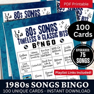 Juego de bingo con 100 tarjetas de canciones clásicas de los 80, actividad de fiesta con música atemporal, juego imprimible para reuniones familiares nocturnas, PDF de cumpleaños para amantes del estilo retro