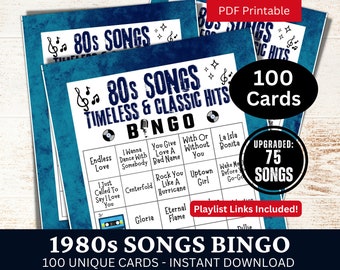 80s Classic Songs Bingo Game 100 Cards, Timeless Music Party Activity, Family Night Gathering Printable Game, Birthday PDF for Retro Lovers