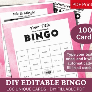 100 PDF de plantilla rosa acuarela de bingo editable, tarjeta de juego rellenable DIY, relleno automático personalizado, personalizado haga su propio generador