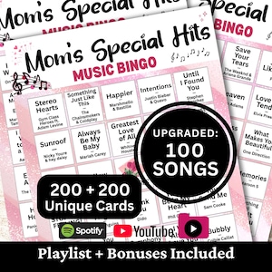 Printable Mom’s Special Hits Music Bingo game for Mother’s Day parties, mom’s birthdays, family gatherings, office events, brunches, fundraisers, and community game nights. Includes 100 popular feel-good songs with warm, uplifting vibes perfect for celebrating moms. Comes with 200 + 200 unique cards, Spotify, YouTube, and offline 1-minute snippets playlists, plus bonus extras.