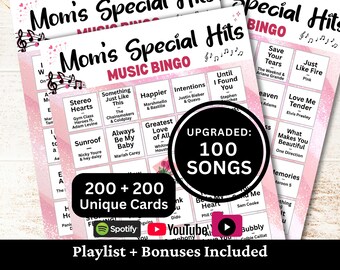 Mom's Special Hits Music Bingo, 200 Cards, 100 Songs Playlists Included, Mother-themed, Printable PDF Game, Instant Download
